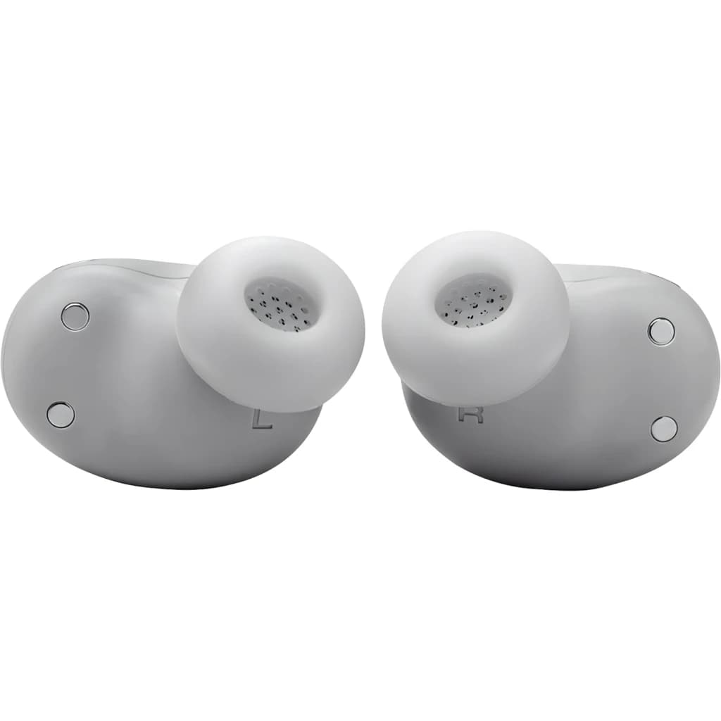 JBL Live Buds 3 Plata, vista frontal: auriculares izquierdo y derecho con almohadillas de silicona y marcas L y R visibles