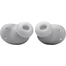 JBL Live Buds 3 Plata, vista frontal: auriculares izquierdo y derecho con almohadillas de silicona y marcas L y R visibles