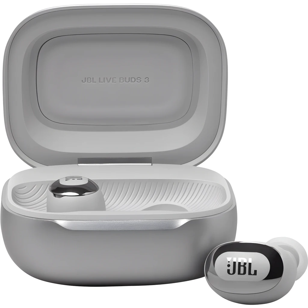 JBL Live Buds 3 Plateado, vista frontal: estuche abierto con pantalla táctil mostrando ecualizador Jazz y auriculares - Ítem1