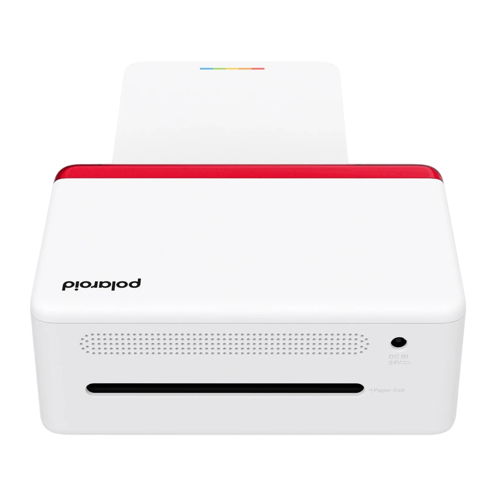 Polaroid Hi-Print 4x6 Blanca, vista frontal: bandeja de papel abierta, franja roja y logo polaroid en la tapa - Ítem1