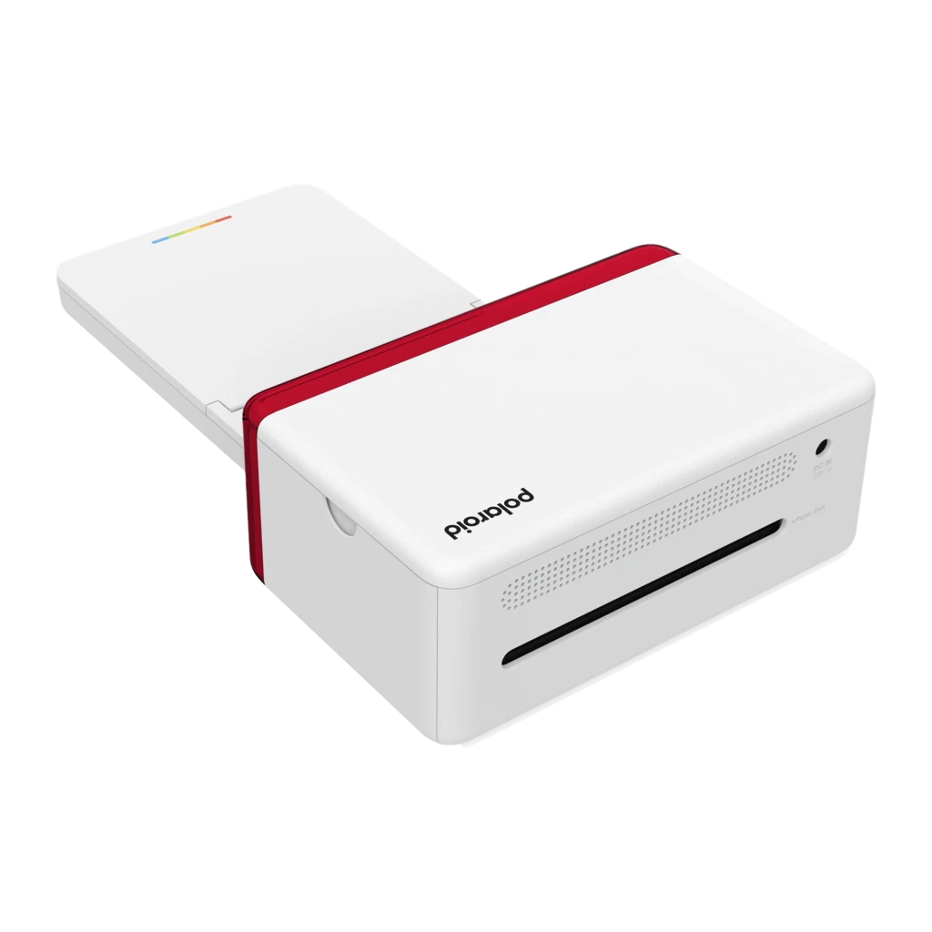 Polaroid Hi-Print 4x6 Blanca, vista frontal: bandeja de papel abierta, franja roja y logo polaroid en la tapa - Ítem2