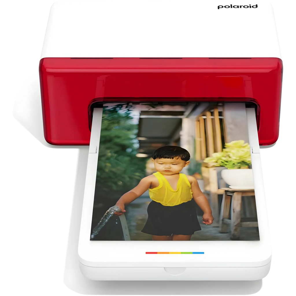 Polaroid Hi-Print 4x6 Blanca, vista frontal: bandeja de papel abierta, franja roja y logo polaroid en la tapa - Ítem3