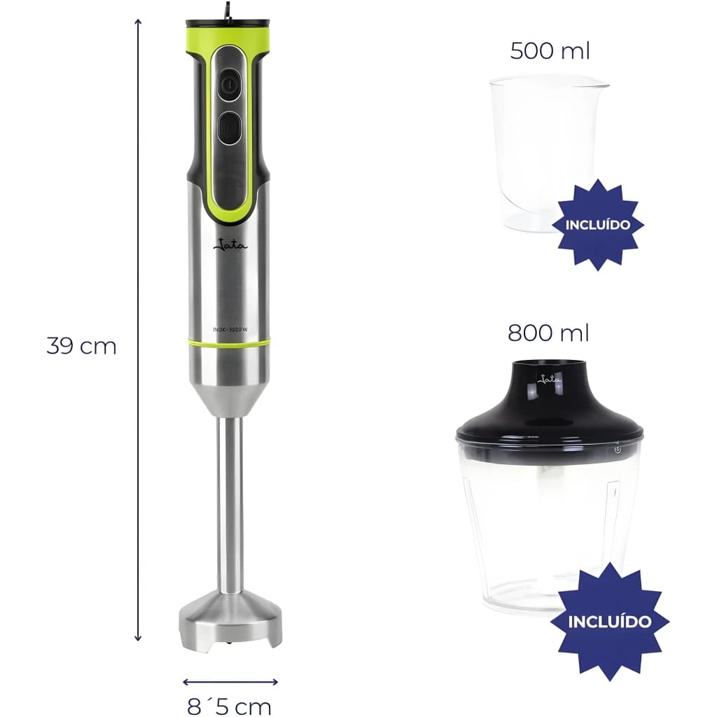 Jata Varinha JEBT1789 Inox, vista acessórios: dimensões 39x8,5cm, copo 500ml e picador 800ml incluídos