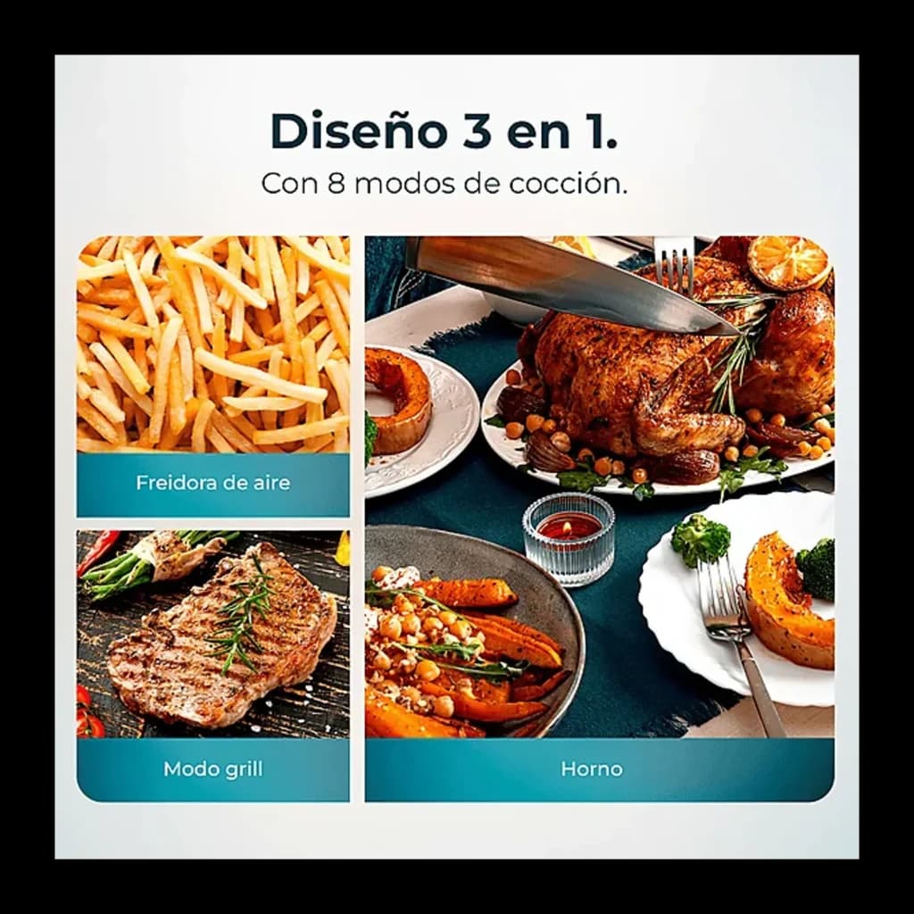 Cecotec Cecofry FoodCourt 11000 Connected Negro, infografía: diseño 3 en 1 con modos freidora de aire, grill y horno