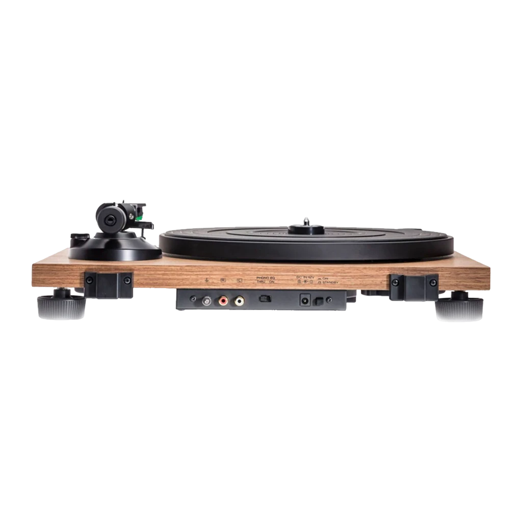 Audio-Technica AT-LPW30TK madera, vista en perspectiva: plato negro, brazo aluminio, tapa acrílica abierta y base de madera - Ítem1
