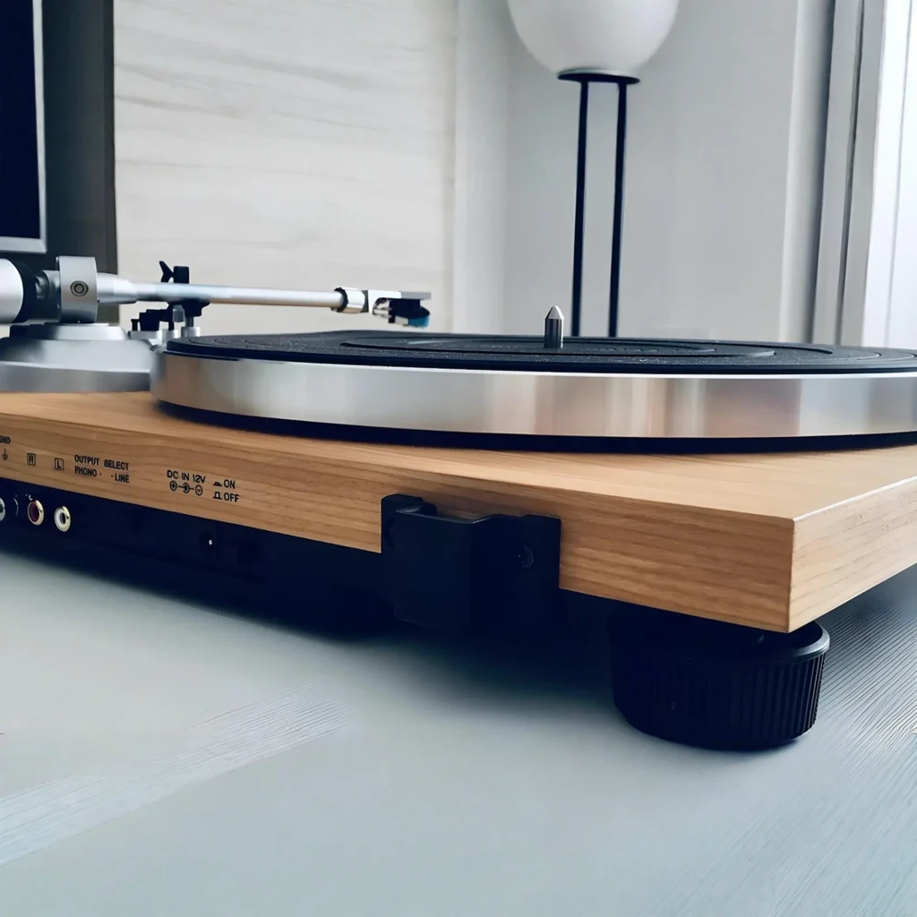 Audio-Technica AT-LPW30TK madera, vista en perspectiva: plato negro, brazo aluminio, tapa acrílica abierta y base de madera - Ítem2