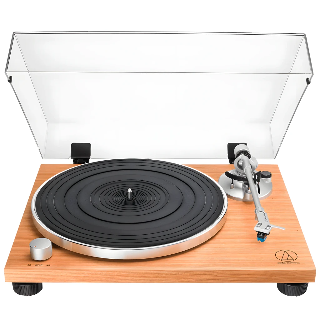 Audio-Technica AT-LPW30TK madera, vista en perspectiva: plato negro, brazo aluminio, tapa acrílica abierta y base de madera - Ítem3