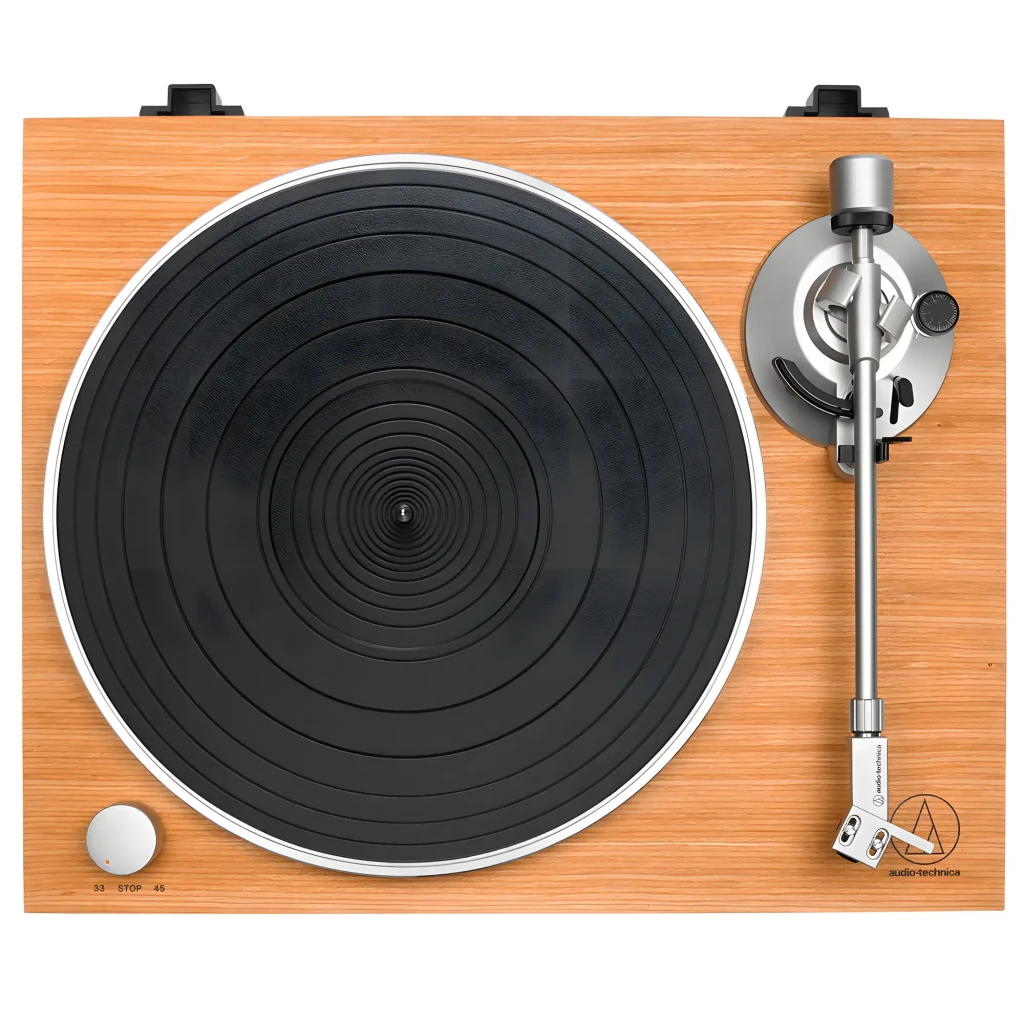 Audio-Technica AT-LPW30TK madera, vista en perspectiva: plato negro, brazo aluminio, tapa acrílica abierta y base de madera - Ítem4