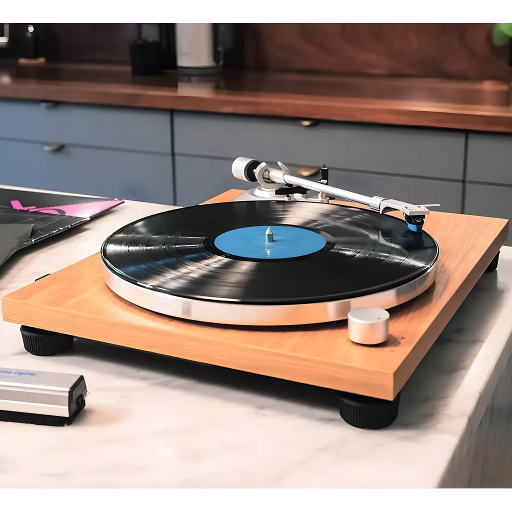 Audio-Technica AT-LPW30TK madera, vista en perspectiva: plato negro, brazo aluminio, tapa acrílica abierta y base de madera - Ítem5