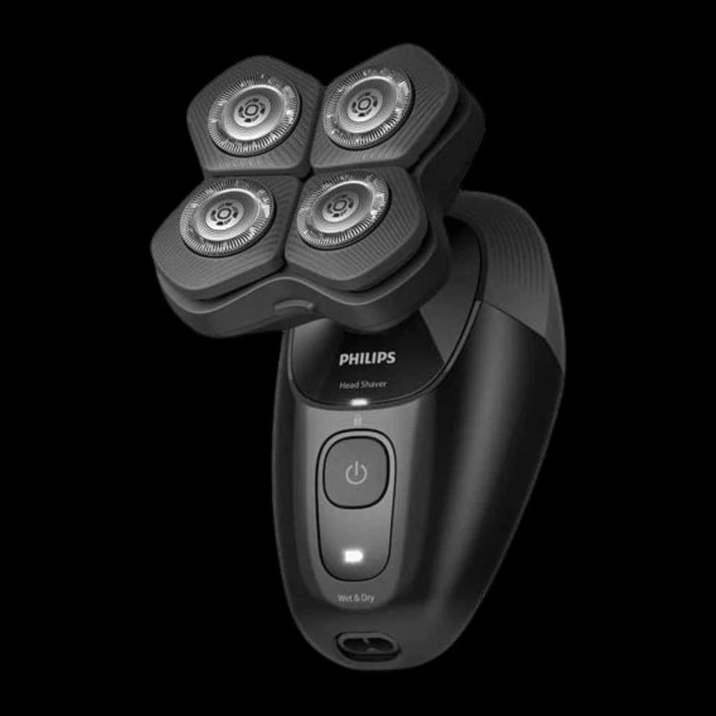 Philips Barbeador Série 5000 HS5980/15 preto, vista em ângulo: 4 cabeças rotativas em perspectiva lateral e cabo ergonómico