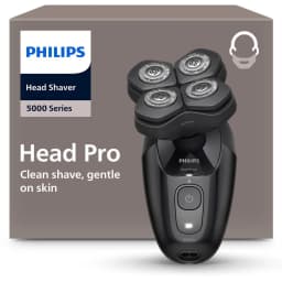Philips Barbeador Série 5000 HS5980/15 preto, vista com caixa: barbeador de cabeça com 5 cabeças rotativas à frente da