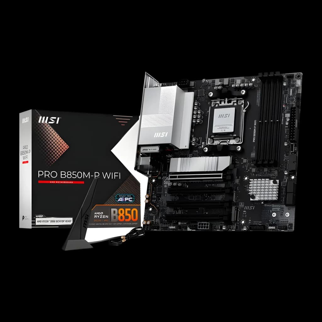 MSI Pro B850M-P WiFi, vue avec boîte: carte mère et emballage officiel design noir et blanc