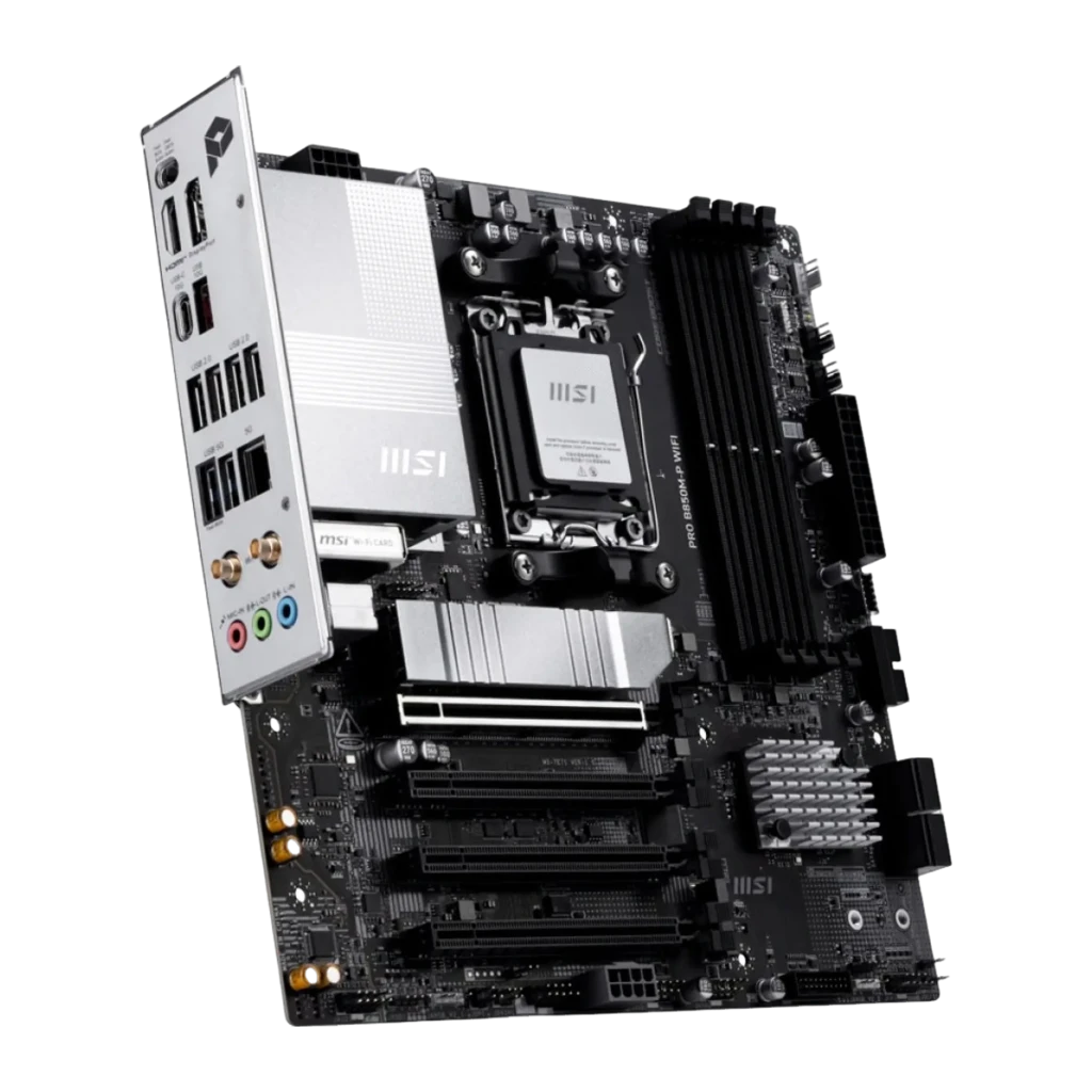 MSI Pro B850M-P WiFi, vista com caixa: placa-mãe e embalagem oficial em design preto e branco - Item2