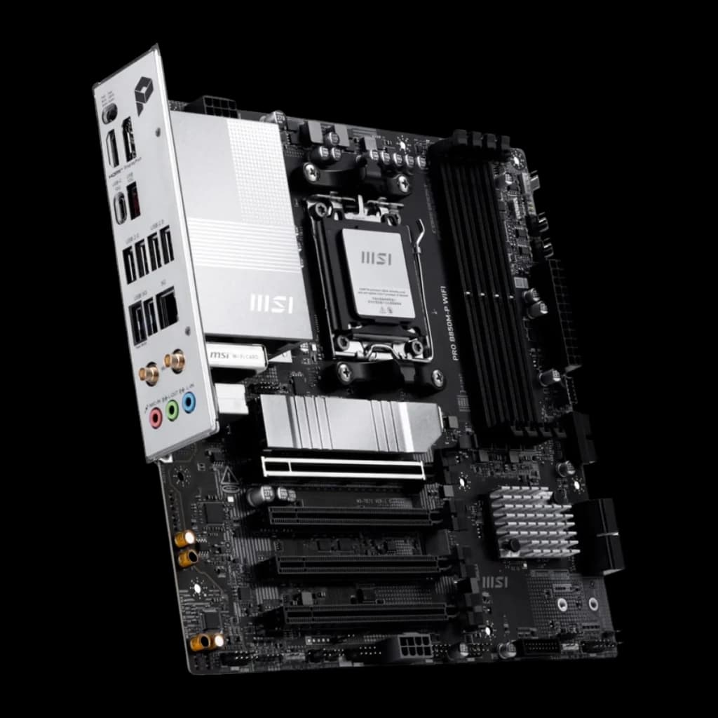 MSI Pro B850M-P WiFi noir, vue angle avant: panneau arrière avec ports USB, HDMI et audio visibles