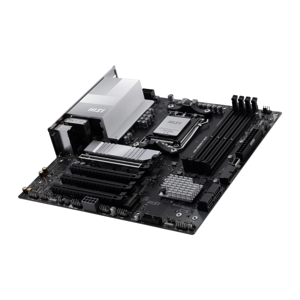 MSI Pro B850M-P WiFi, vista com caixa: placa-mãe e embalagem oficial em design preto e branco - Item3