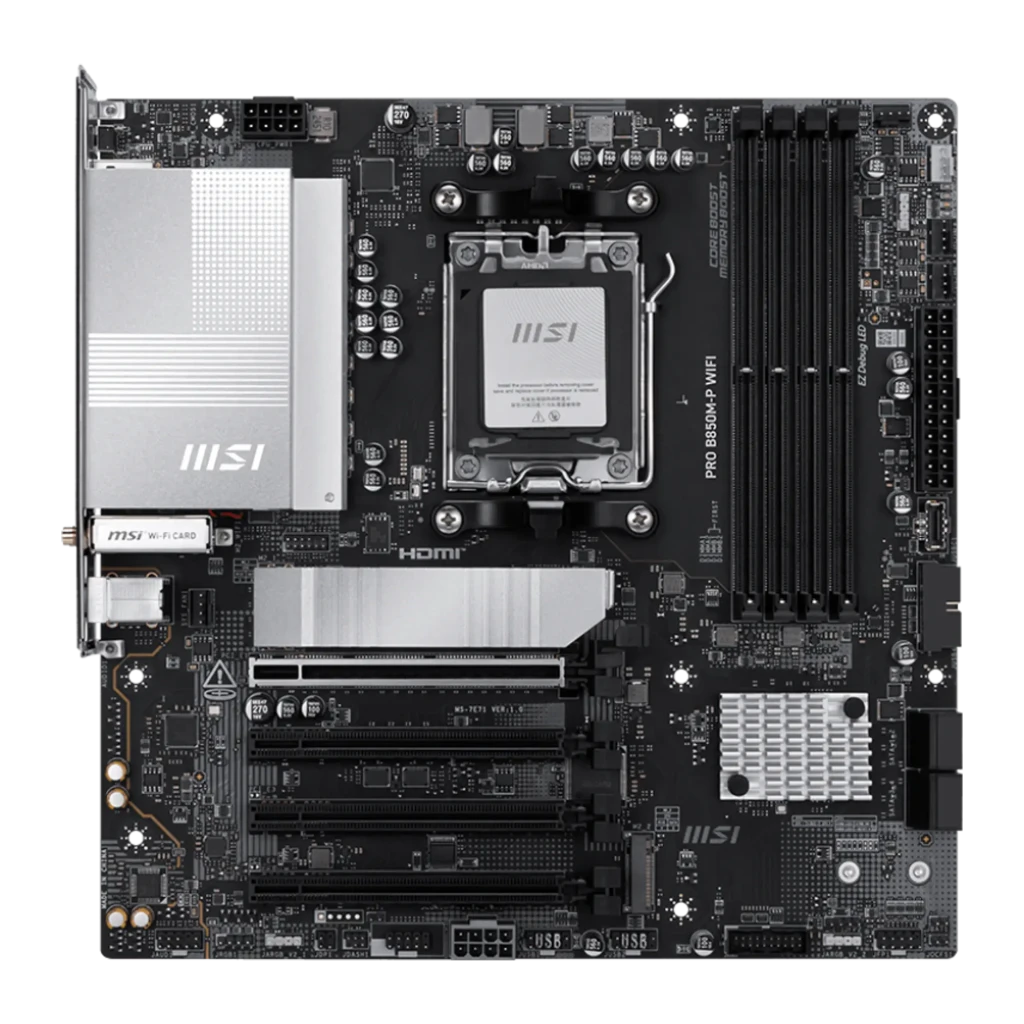 MSI Pro B850M-P WiFi, vista com caixa: placa-mãe e embalagem oficial em design preto e branco - Item1