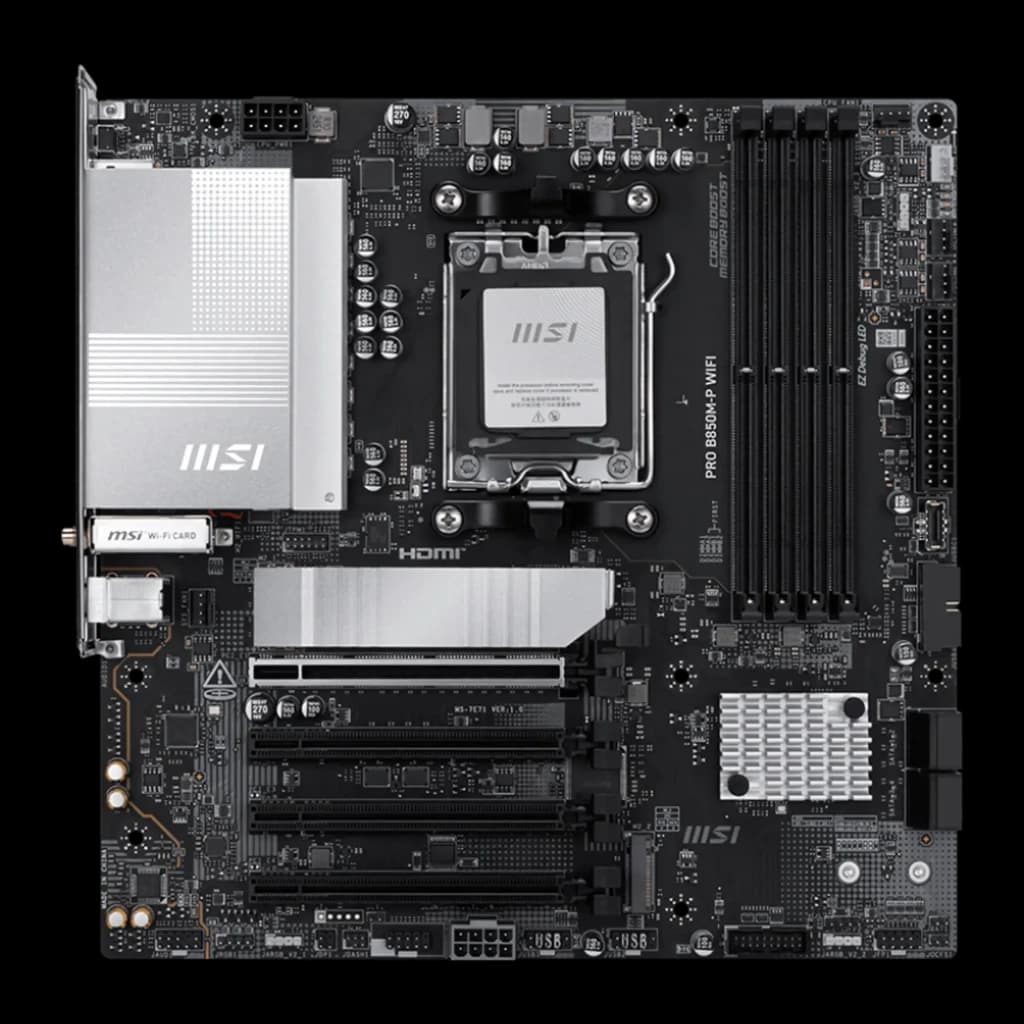 MSI Pro B850M-P WiFi noir, vue du dessus: socket AM5, dissipateur VRM argenté, slots PCIe et DDR5