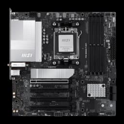 MSI Pro B850M-P WiFi noir, vue du dessus: socket AM5, dissipateur VRM argenté, slots PCIe et DDR5