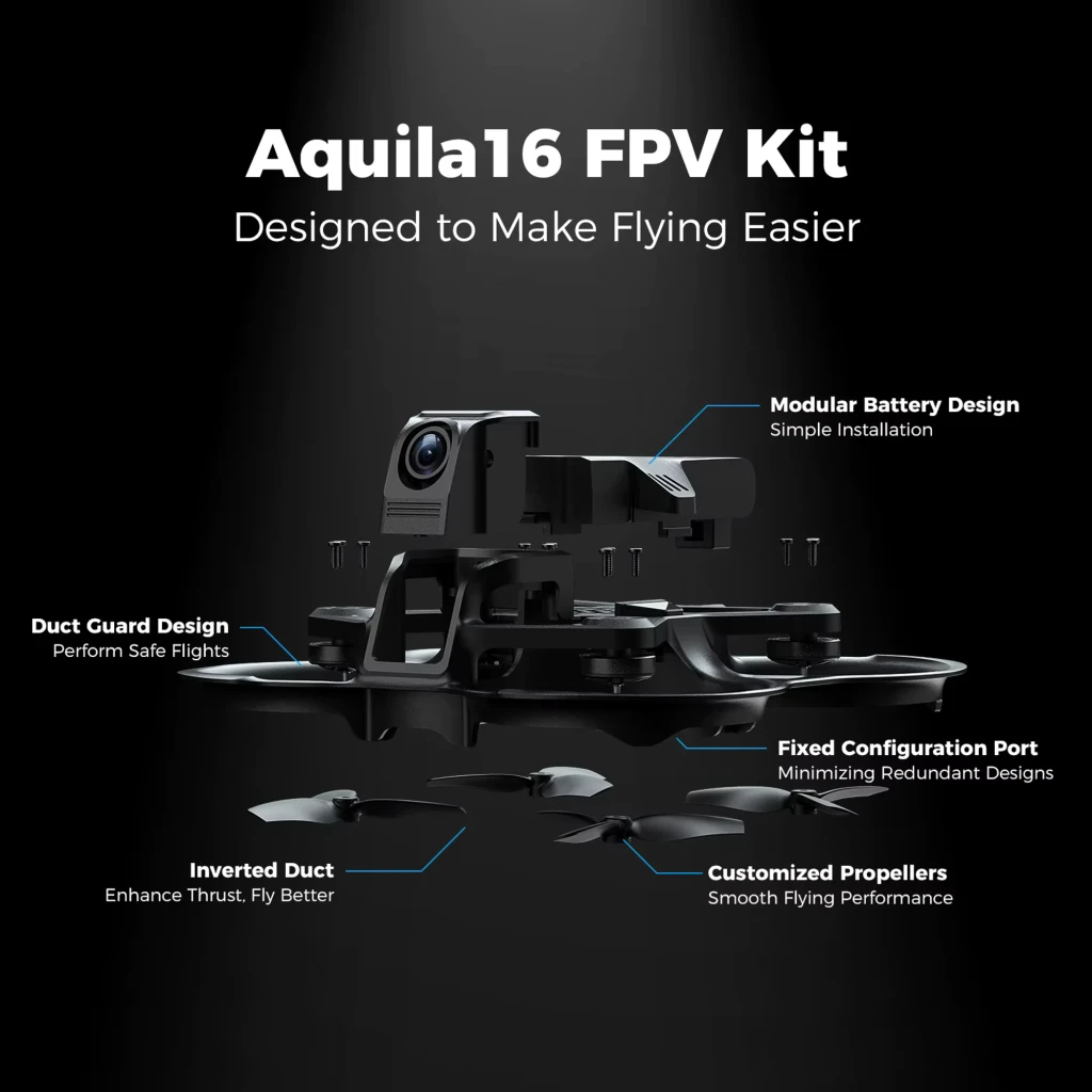 BETAFPV Kit FPV Aquila16, vue ensemble: drone, lunettes FPV et radiocommande en gris sur fond noir - Ítem6