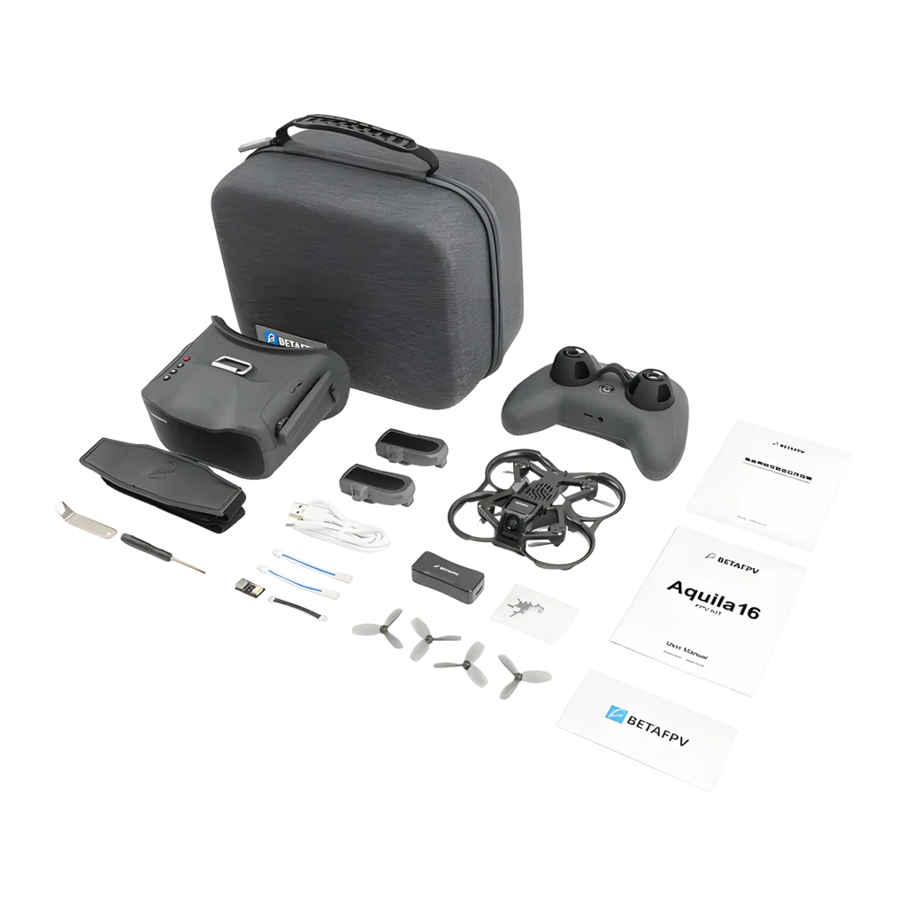BETAFPV Kit FPV Aquila16, vue ensemble: drone, lunettes FPV et radiocommande en gris sur fond noir - Ítem3