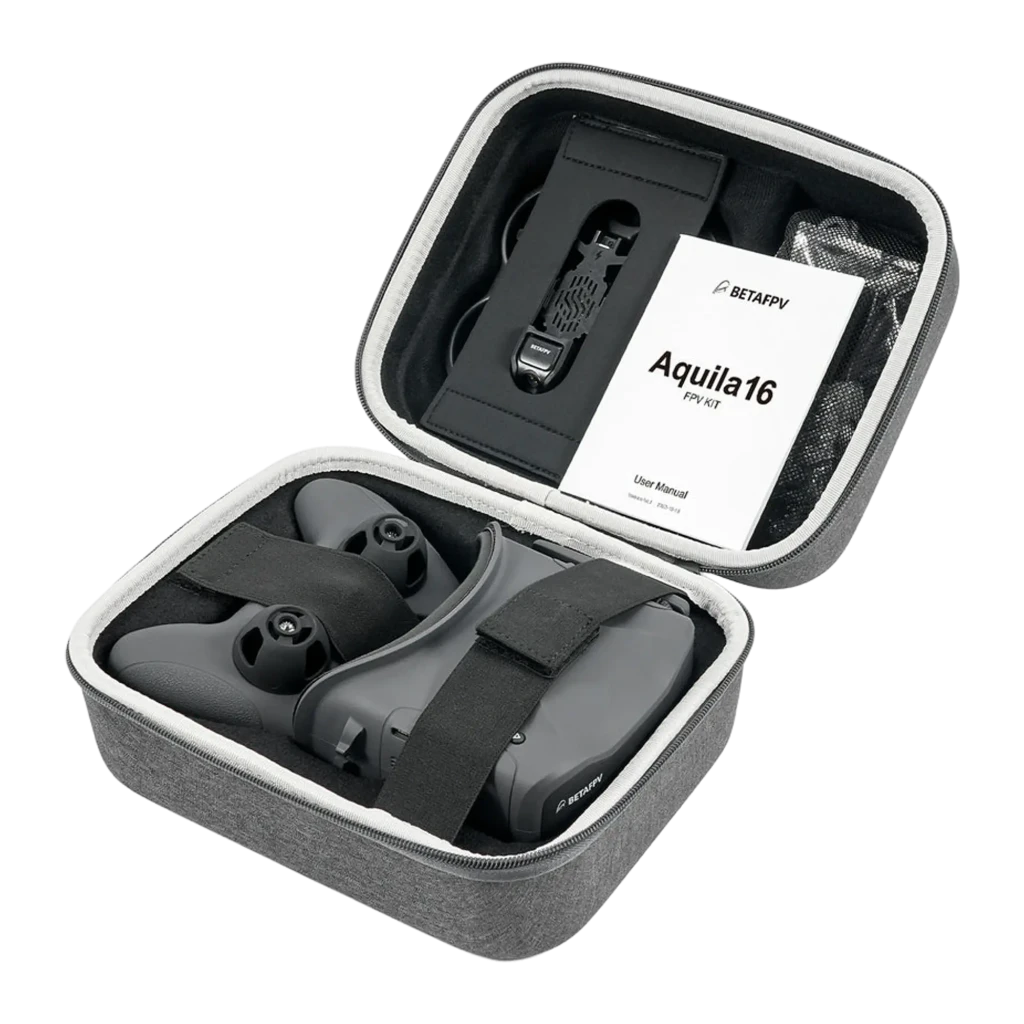 BETAFPV Kit FPV Aquila16, vue ensemble: drone, lunettes FPV et radiocommande en gris sur fond noir - Ítem2