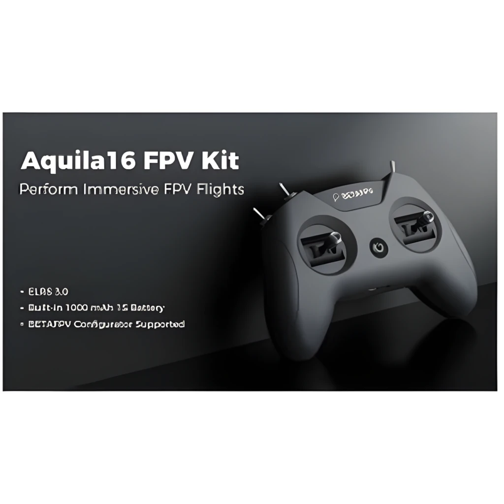 BETAFPV Kit FPV Aquila16, vue ensemble: drone, lunettes FPV et radiocommande en gris sur fond noir - Ítem4