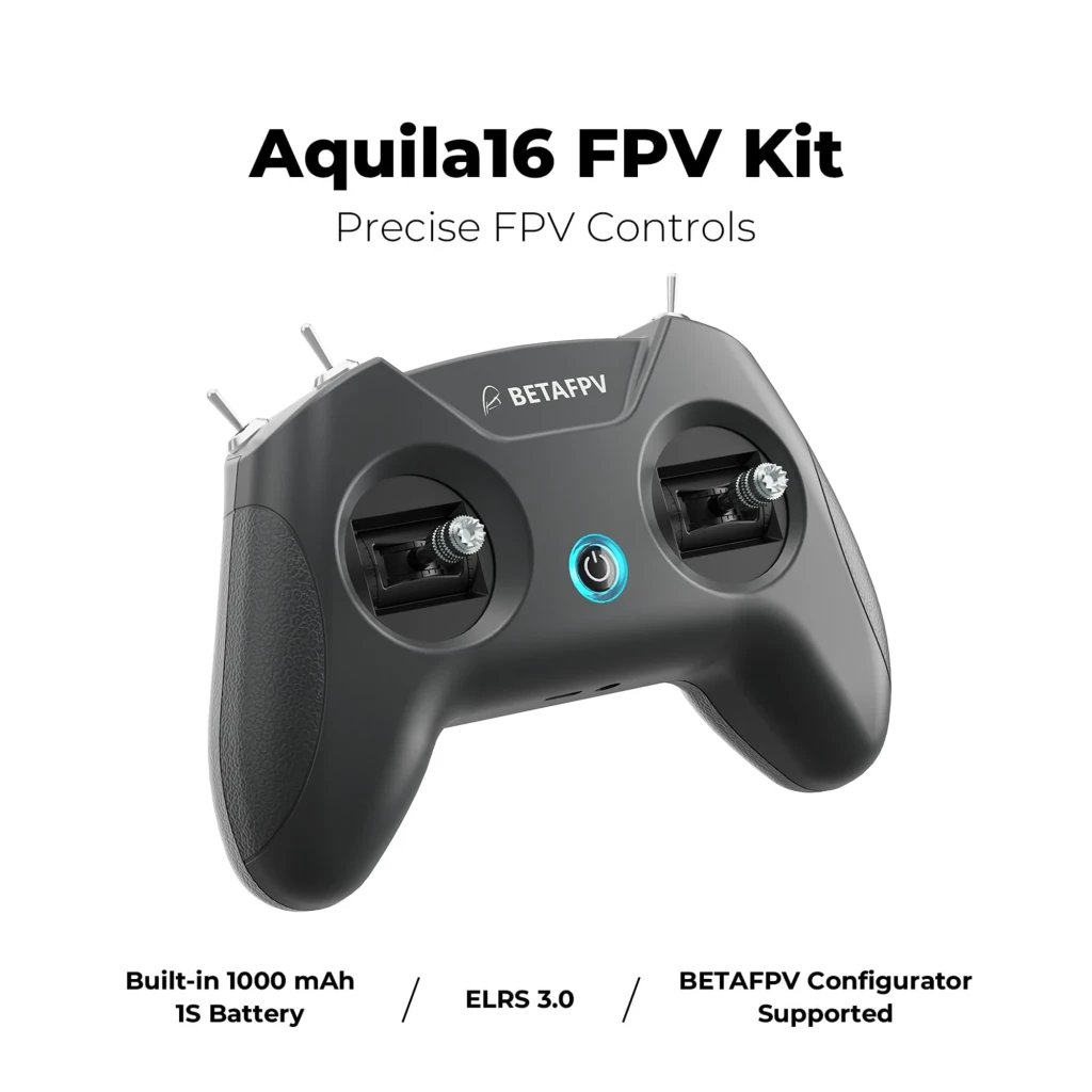 BETAFPV Kit FPV Aquila16, vue ensemble: drone, lunettes FPV et radiocommande en gris sur fond noir - Ítem5
