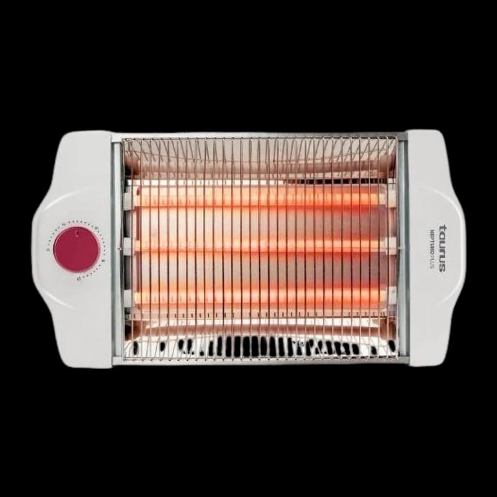 Taurus Neptuno Plus Blanc, vue de face: résistances allumées en orange, grille métallique et bouton rotatif rouge