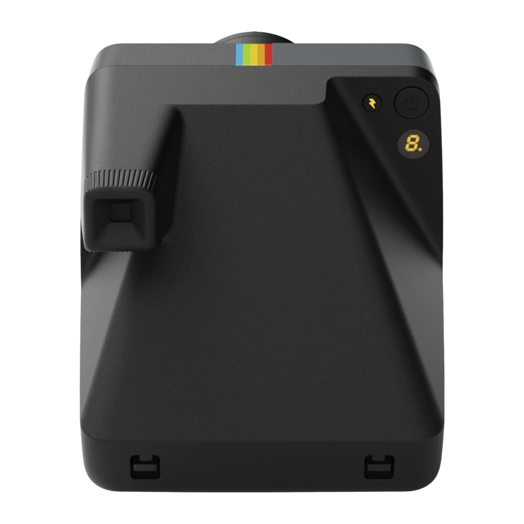Polaroid Now Generation 3 negro, vista frontal: objetivo autofocus, flash circular, botón rojo y franja arcoíris - Ítem1