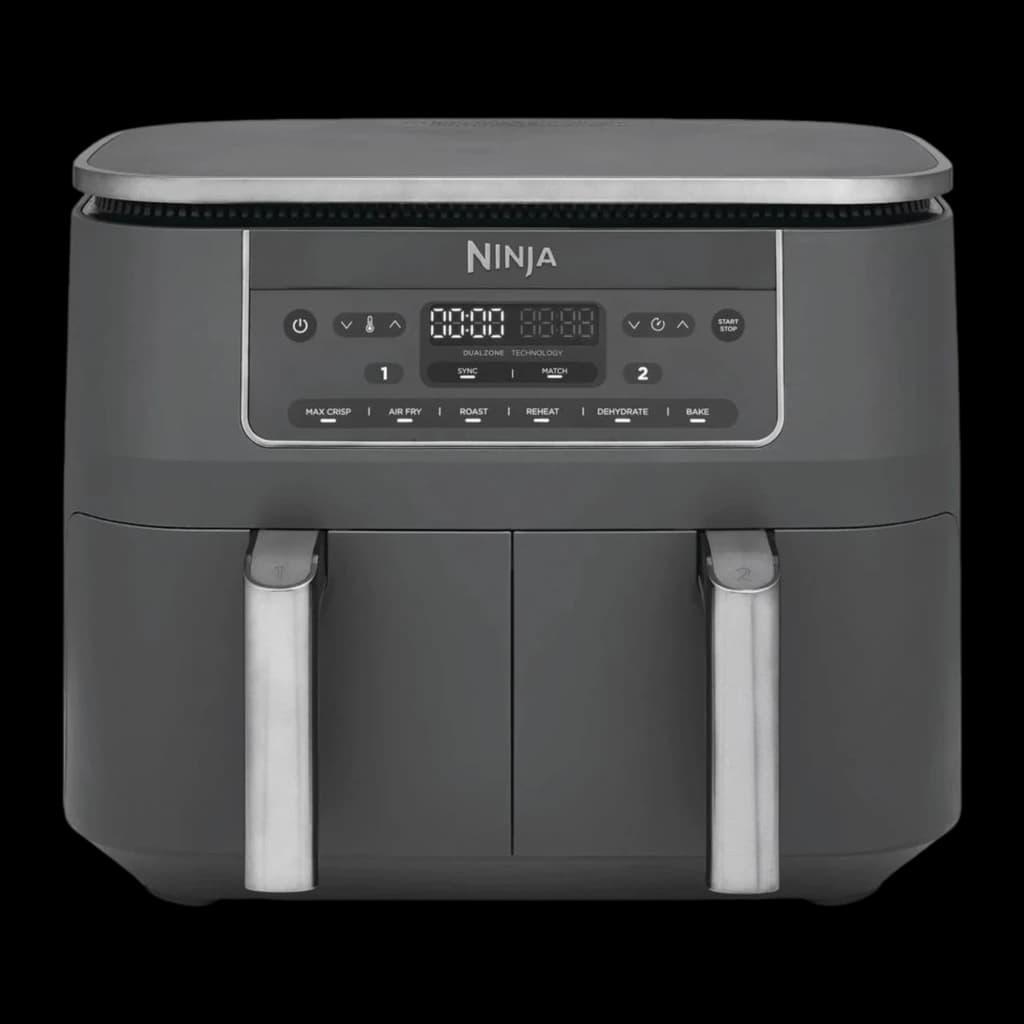 Ninja Dual Zone DZ300EU gris, vista frontal: panel digital, modos de cocción y dos cajones con asas plateadas