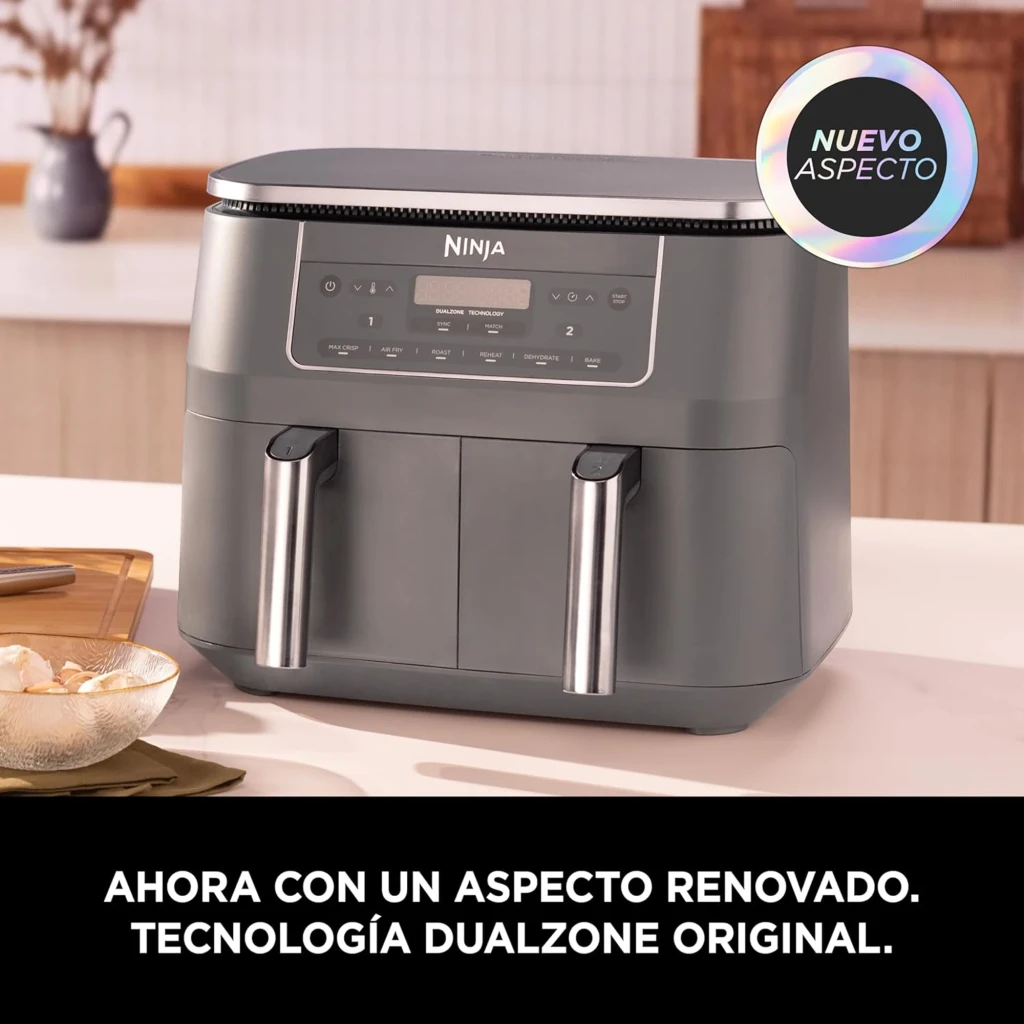 Ninja Dual Zone DZ300EU gris, vista frontal: panel digital, modos de cocción y dos cajones con asas plateadas - Ítem3