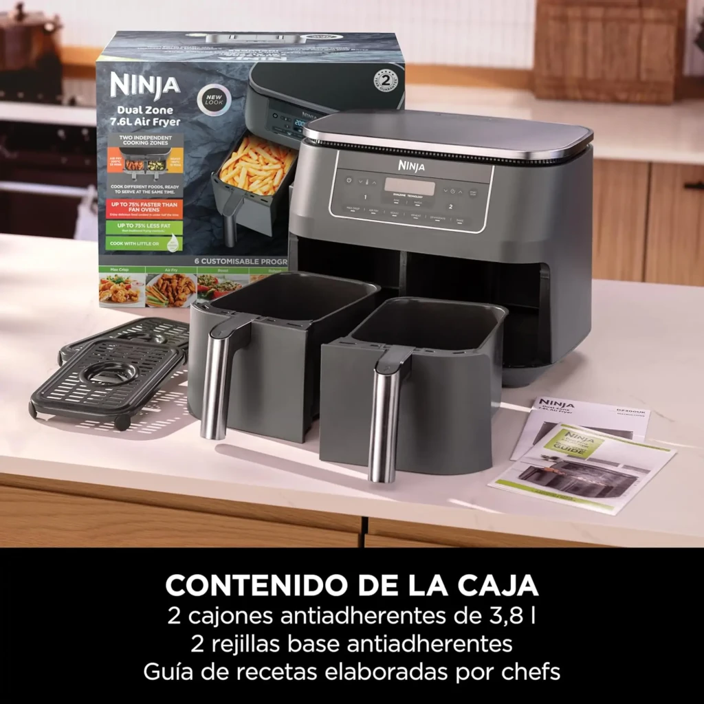 Ninja Dual Zone DZ300EU gris, vista frontal: panel digital, modos de cocción y dos cajones con asas plateadas - Ítem8