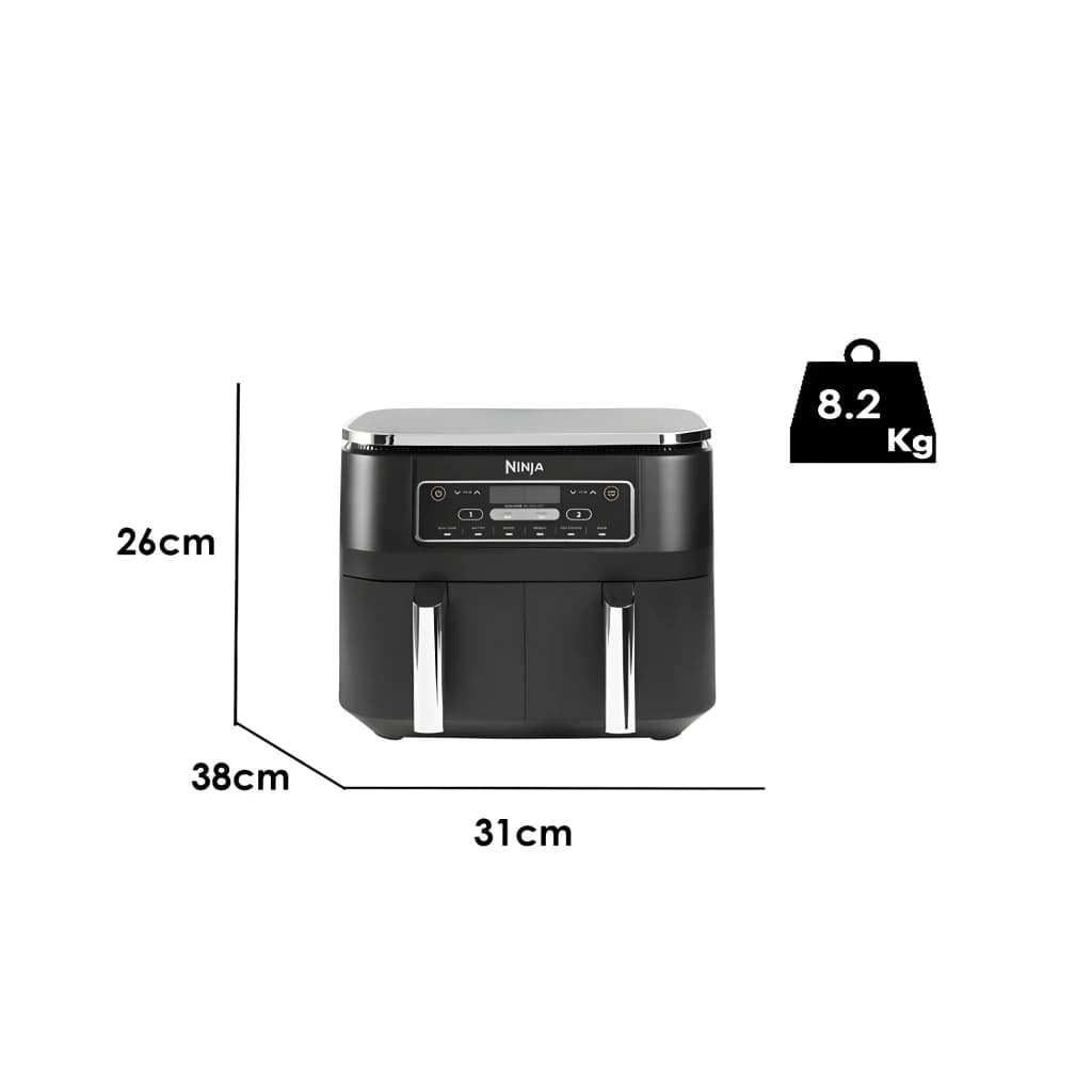 Ninja Freidora Aire Dual Zone DZ300EU 7,6L Gris, dimensiones: vista frontal con medidas 26x31x38cm y peso 8,2kg