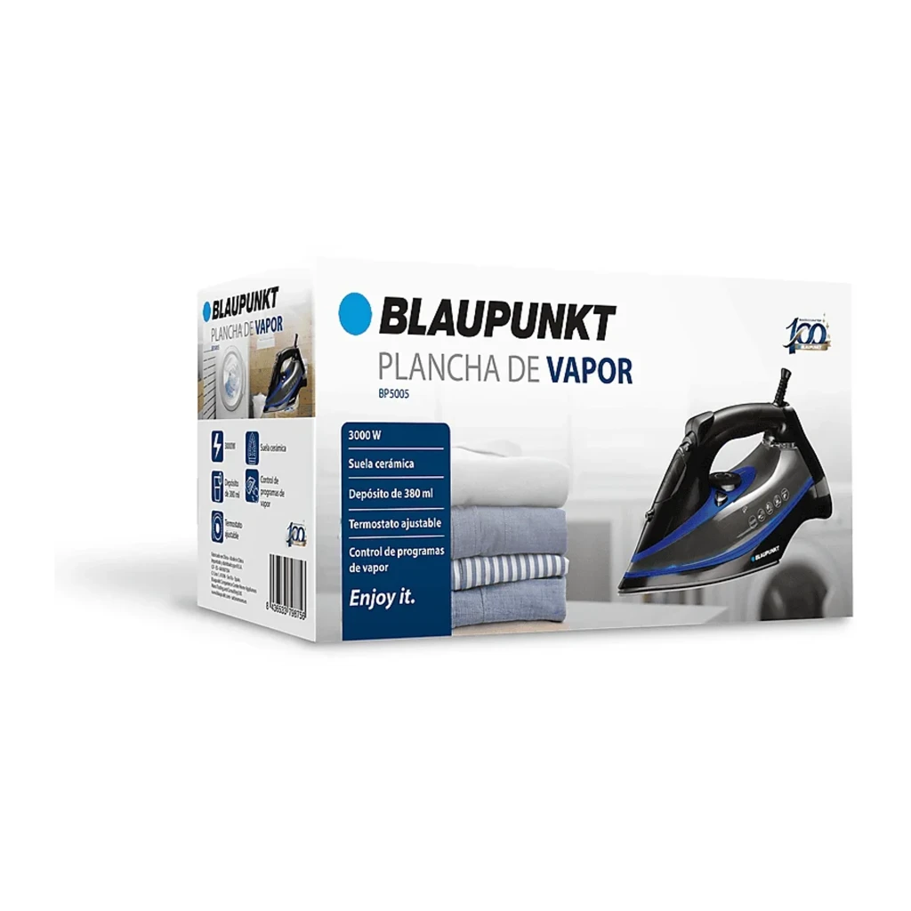 Blaupunkt Ferro a vapor 3000W sola cerâmica 380ml preto, vista lateral: corpo preto com faixa azul, dial de vapor e sola - Item1
