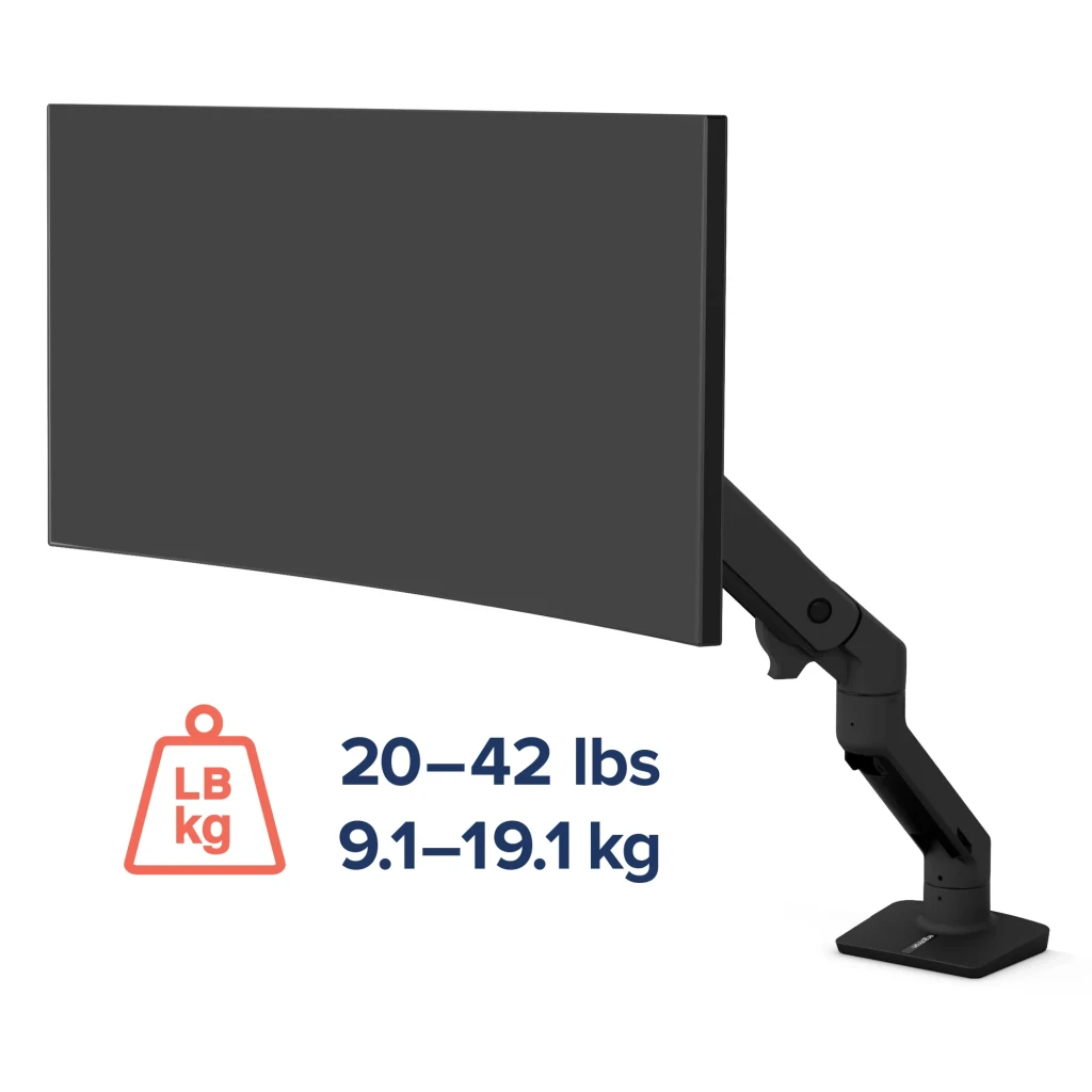 Ergotron Bras moniteur HX bureau noir mat, vue latérale: bras articulé déployé tenant un moniteur incurvé par derrière - Ítem3