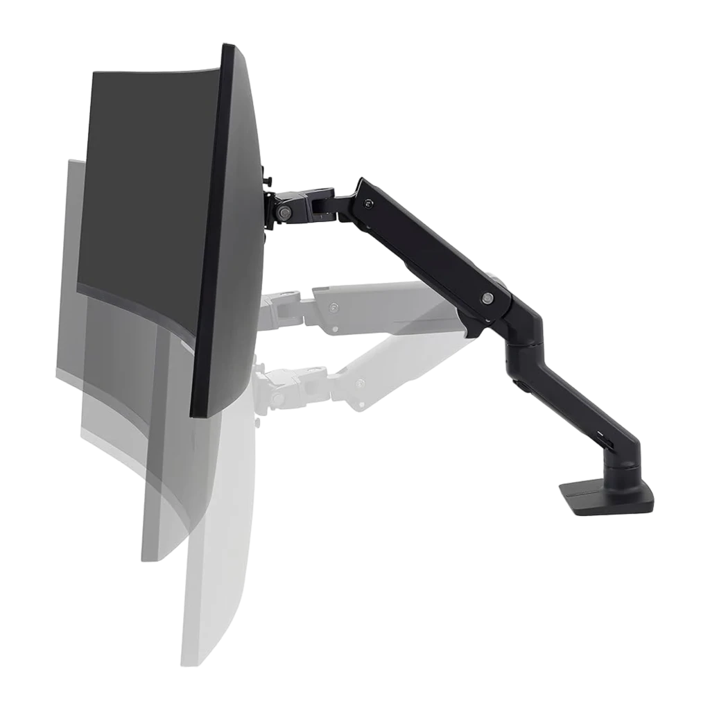 Ergotron Bras moniteur HX bureau noir mat, vue latérale: bras articulé déployé tenant un moniteur incurvé par derrière - Ítem1