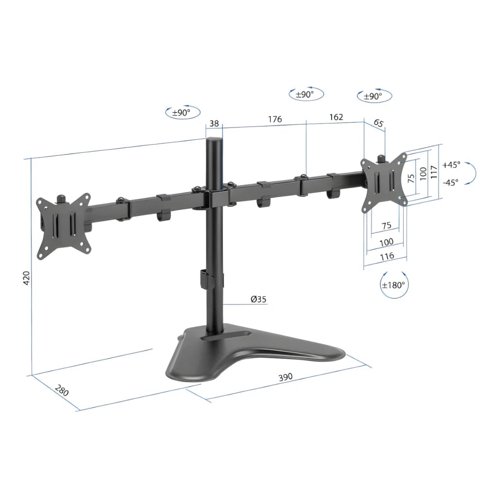 iggual Soporte monitor SSM02 Negro, diagrama técnico: cotas en mm, rotación ±90°, inclinación ±45° y giro ±180°