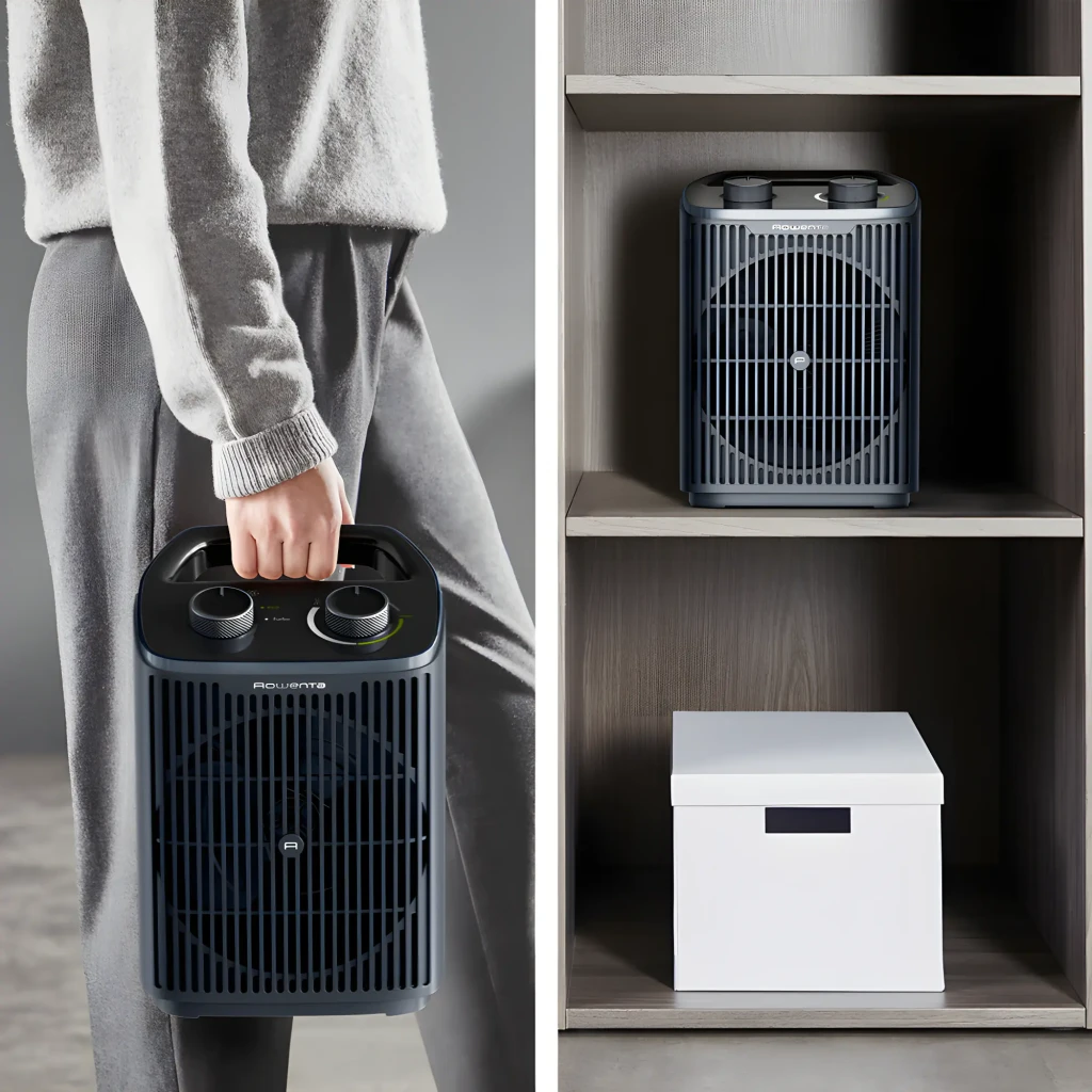 Rowenta SO2351 Instant Comfort Compact gris, vue de face: grille circulaire, deux boutons rotatifs et logo Rowenta - Ítem7