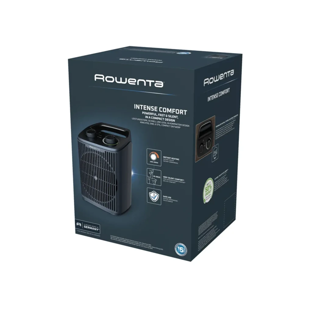Rowenta SO2351 Instant Comfort Compact gris, vue de face: grille circulaire, deux boutons rotatifs et logo Rowenta - Ítem8
