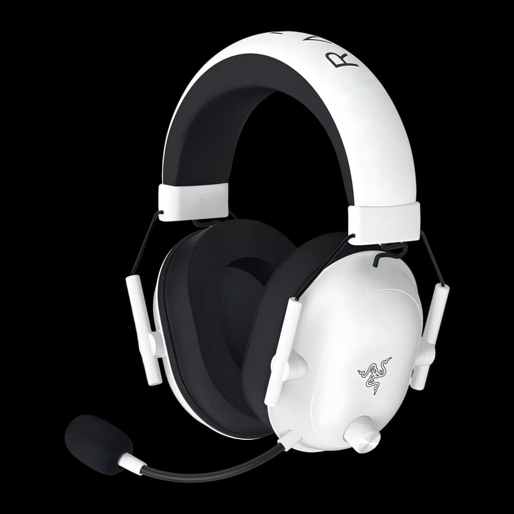 Razer BlackShark V2 HyperSpeed Blanco, vista lateral: auricular inalámbrico con micrófono flexible, almohadillas negras y