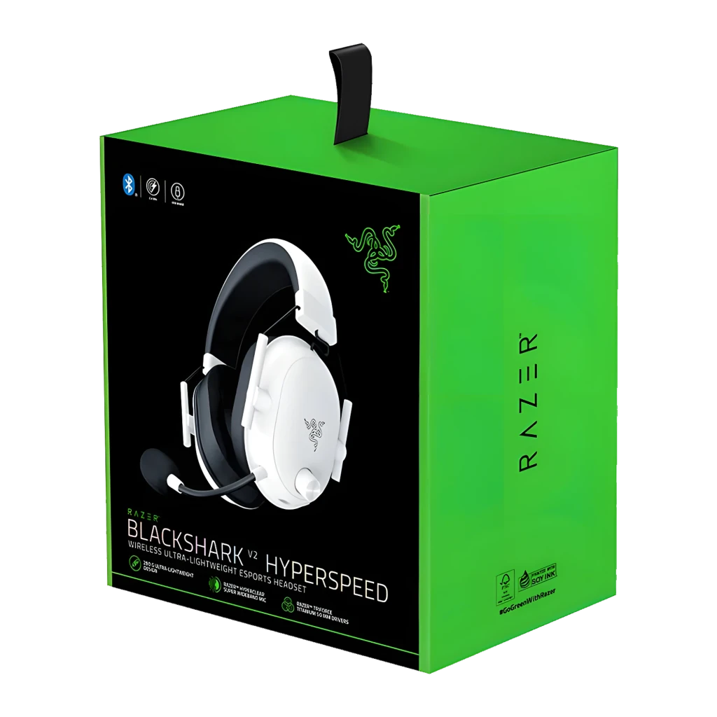 Razer BlackShark V2 HyperSpeed Blanc, vue latérale: casque sans fil avec micro flexible, coussinets noirs et logo Razer sur - Ítem6