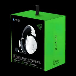 Razer BlackShark V2 HyperSpeed Blanco, caja: packaging verde con auriculares blancos impresos y logo Razer