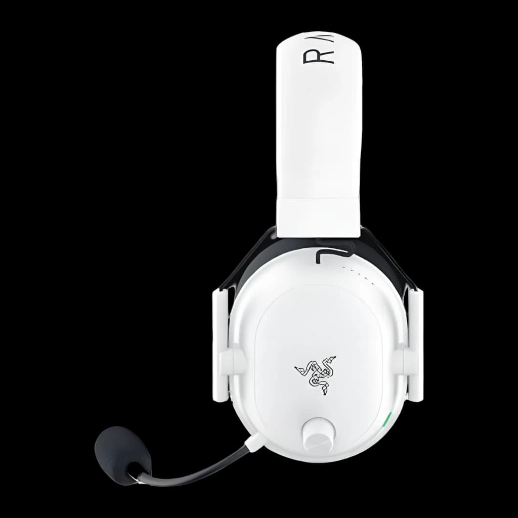 Razer BlackShark V2 HyperSpeed Blanco, vista lateral: logo Razer en copa, micrófono flexible y rueda de volumen visibles