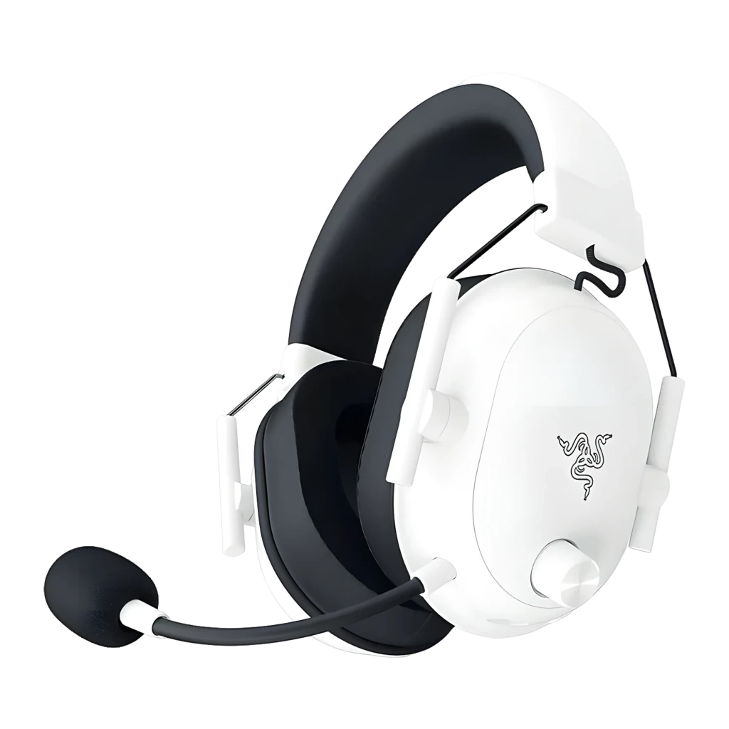 Razer BlackShark V2 HyperSpeed Blanc, vue latérale: casque sans fil avec micro flexible, coussinets noirs et logo Razer sur - Ítem1