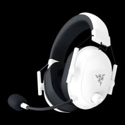 Razer BlackShark V2 HyperSpeed blanco, vista lateral: auricular con logo Razer, micrófono flexible y almohadillas negras