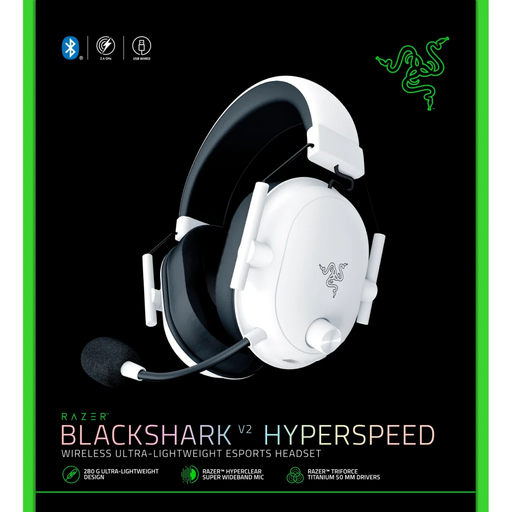 Razer BlackShark V2 HyperSpeed Blanc, vue latérale: casque sans fil avec micro flexible, coussinets noirs et logo Razer sur - Ítem5