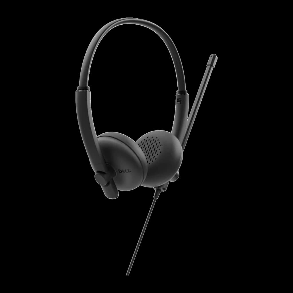Dell Auriculares WH125 USB negro, vista frontal: diadema, almohadillas con rejilla y micrófono extensible lateral derecho