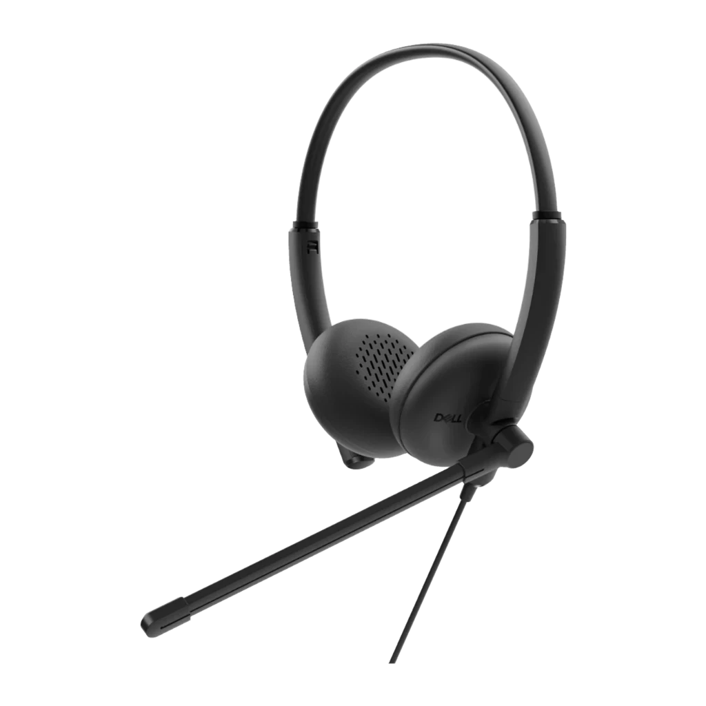 Dell Casque WH125 USB noir, vue avant: arceau, coussinets à grille et microphone extensible côté droit - Ítem1
