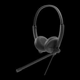 Dell Auriculares WH125 USB negro, vista lateral: micrófono extensible desplegado hacia abajo y cable USB visible