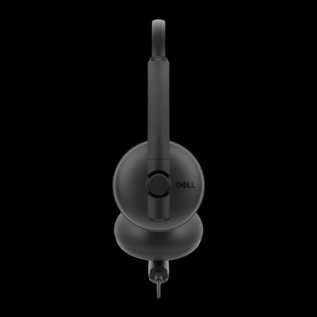 Dell Auriculares WH125 USB Negro, vista lateral: auricular único con logo Dell, brazo ajustable y cable USB visible